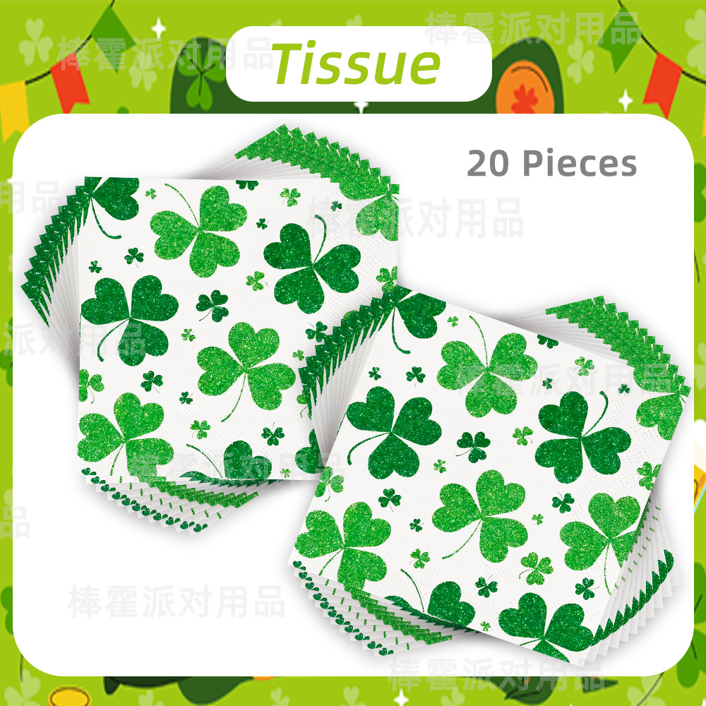 Cross-Border St. Patrick's Themed Party Napkins, Green Clover Printed Paper Napkins, Holiday Decoration Supplies