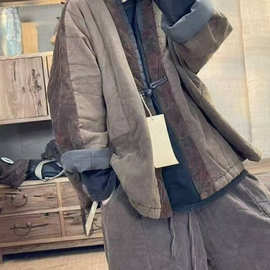 V领开襟盘扣棉衣秋冬季款文艺复古风长袖百搭炒色做旧蝙蝠衫