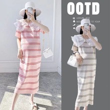 实价孕妇新款2024夏装娃娃领针织条纹哺乳孕妇连衣裙