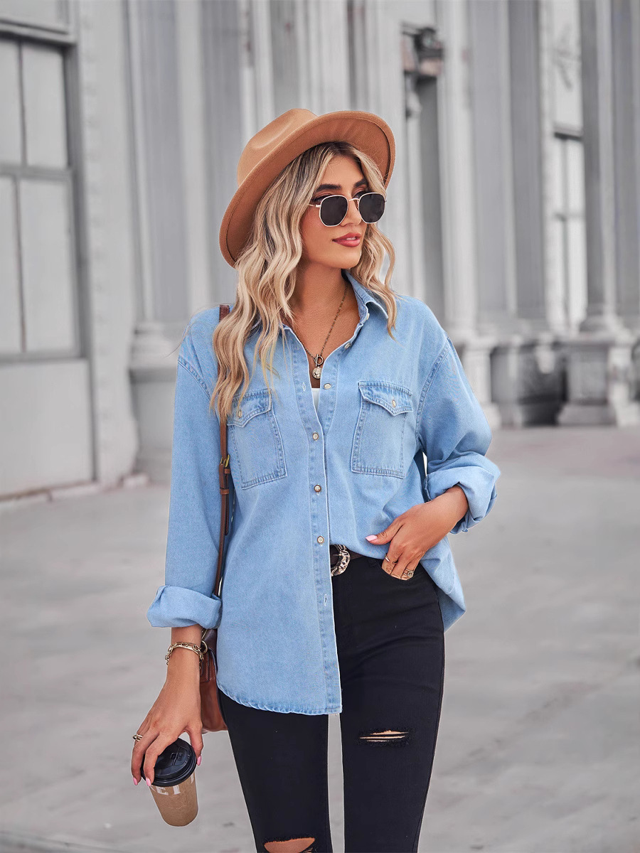 European and American Cross-Border Wish Amazon Independent Station New Slim Denim Jacket Single-Breasted Long-Sleeve Casual Shirt for Women