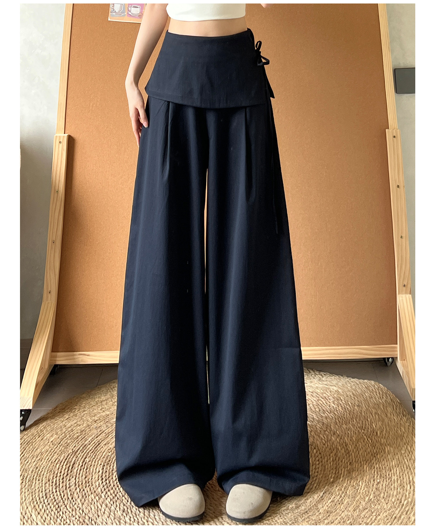 Quần culottes nữ ống rộng cạp cao phối khóa kéo bên hông chất liệu linen — Màu xám đậm (Extended) chi tiết 8