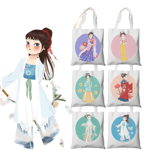 Classical ancient Chinese style canvas bag for women, retro national style single-shoulder bag, hand-held bag, student literary canvas backpack bag