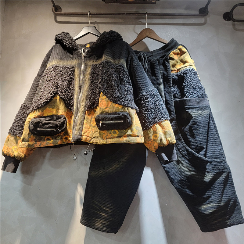 Retro leopard naqshli jeans ko'ylak va keng pantoloni