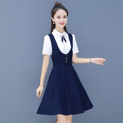 春夏季短袖时尚优雅蓝色职业工作服衬衫连衣裙