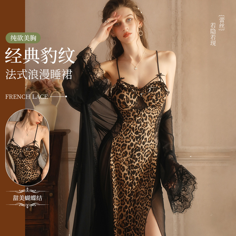 French-Style Light Luxury Romantic Leopard Print Camisole Nightdress for Women, Sensual Pure Desire, Beautiful Chest, Double-Slit Sleepwear, Trendy Wholesale