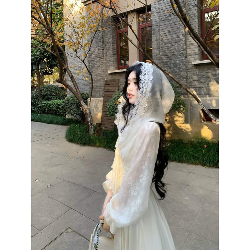 Blovelan Streamside Snow Listening Dress: Elegant Lace Multi-Wear Hooded Design V-Neck Waist-Cinching Long Dress Blovelan Streamside Snow Listening Dress: Elegant Lace Multi-Wear Hooded Design V-Neck Waist-Cinching Long Dress