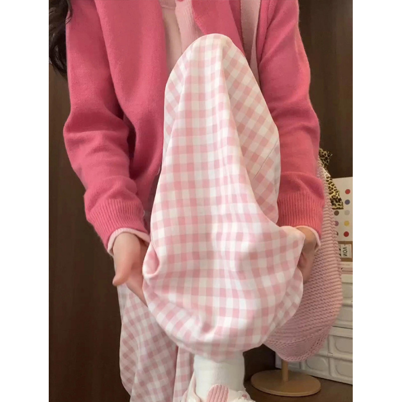 Douyin 品質チェック柄パンツ女性のための 2025 夏ホットスタイルルーズスリムカジュアルパンツドーパミンピンクワイドレッグパンツ|undefined