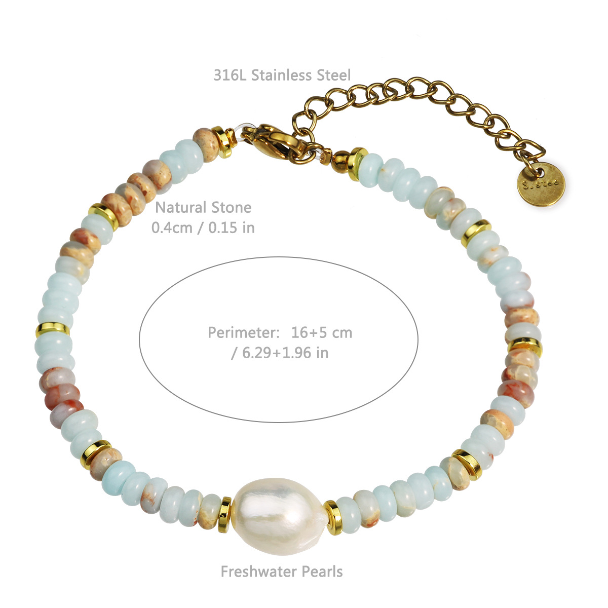 Holiday, Daily Occasion Ethnic Style Irregular 316L Stainless Steel Shoushan Stone Waterproof Non Tarnish Surgical Steel Beaded Chain Beaded Bracelets For Women's Holiday Daily