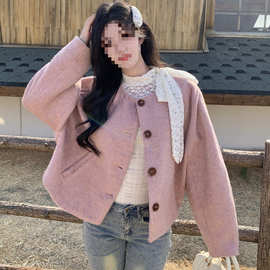 H5N韩系甜美减龄粉色毛呢外套女2025秋冬新款大码胖mm温柔风开衫