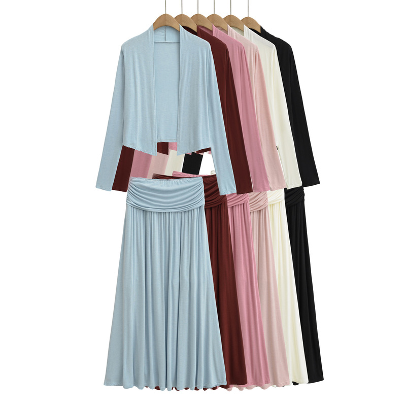 Spring and Summer Wear a Complete Set of Long-Sleeved Sun Protection Knitted Cardigan, Small Turtleneck Vest, Pleated Mid-Length Skirt for Women Spring and Summer Wear a Complete Set of Long-Sleeved Sun Protection Knitted Cardigan, Small Turtleneck Vest, Pleated Mid-Length Skirt for Women