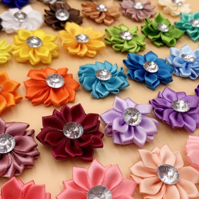 In stock: 16-inch polyester ribbon, small hand-sewn flowers, DIY hair accessories, clothing accessories, toys, handmade sun-shaped fabric flowers, wholesale
