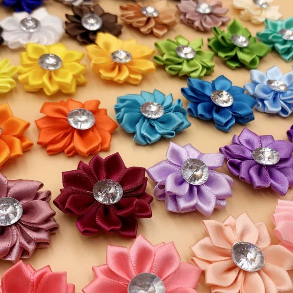 In stock: 16-inch polyester ribbon, small hand-sewn flowers, DIY hair accessories, clothing accessories, toys, handmade sun-shaped fabric flowers, wholesale