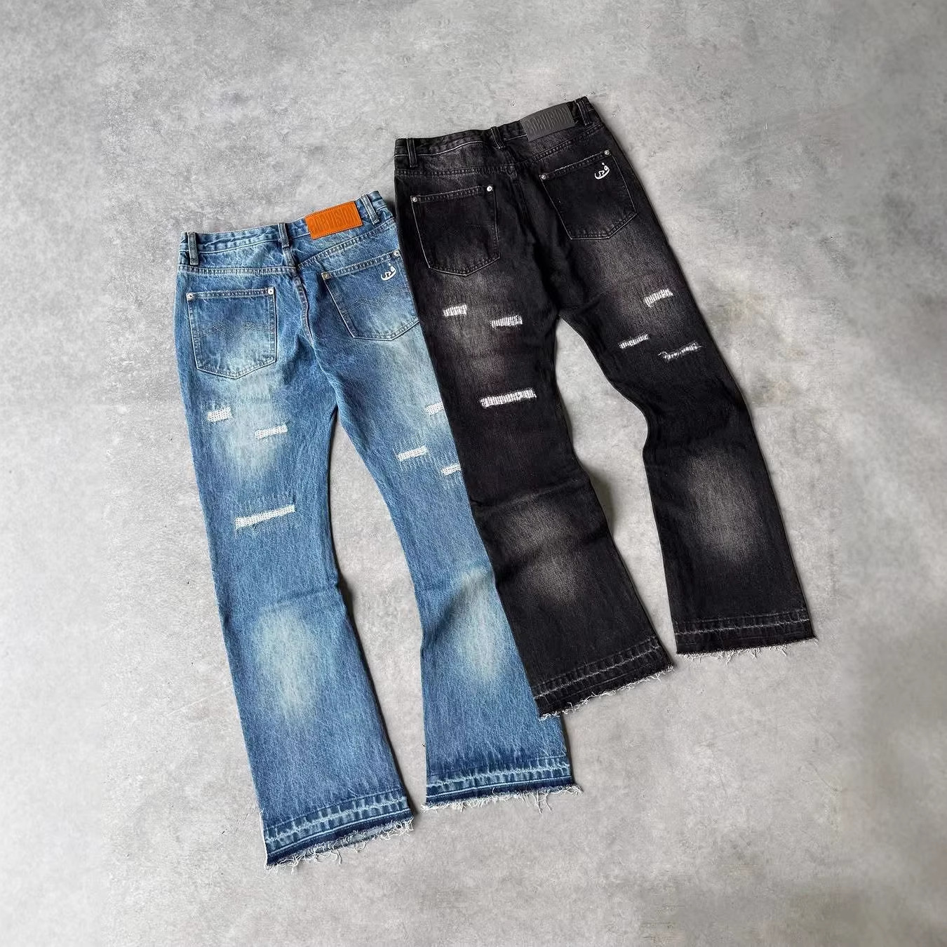 Vintage Washed Women's High-Waisted Flared Jeans Y2K Streetwear Retro Denim Pants With Handmade Distressed Details_mkmklike.com