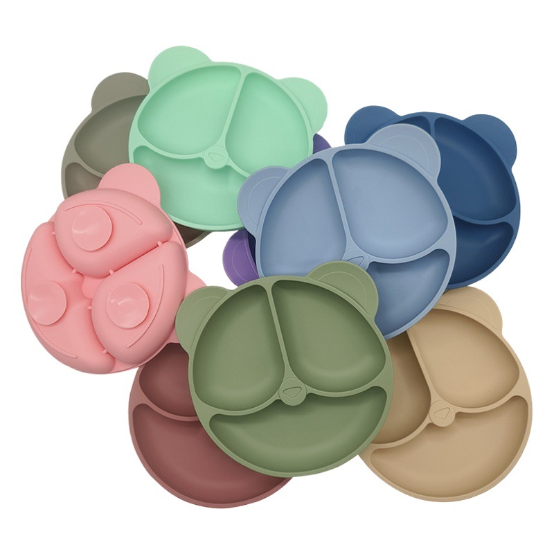 Silicona bebé cena placa redonda cara sonriente vajilla de silicona de los niños plato de cena de silicona suplemento de alimentos para bebés plato de cena del compartimiento