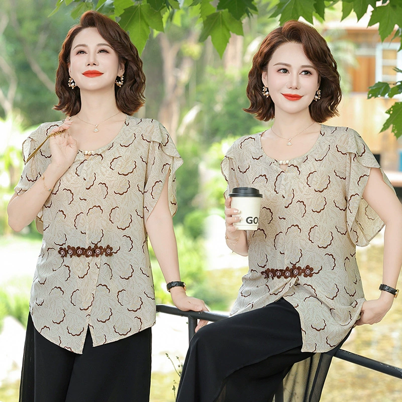 Весенний стиль для 50-летней матери, рубашки с рукавами три четверти, топы для женщин среднего и пожилого возраста, весенне-летние тонкие рубашки с принтом