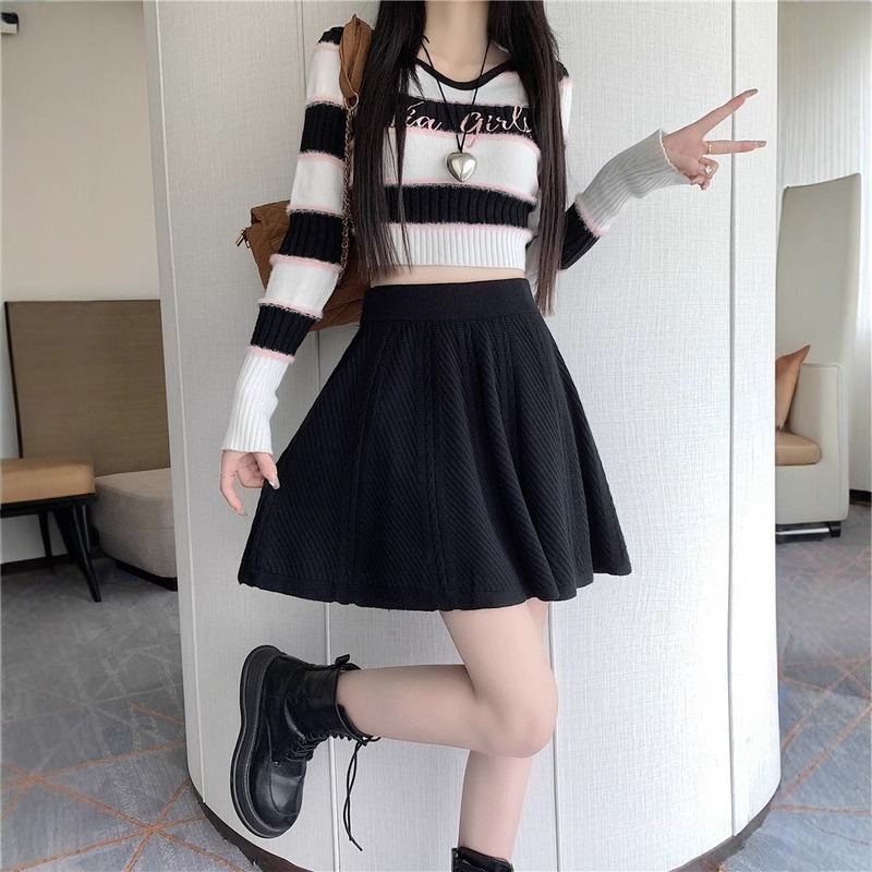 日韩百褶针织半身裙女秋季新款高腰遮胯时尚百搭纯色针织短裙|undefined