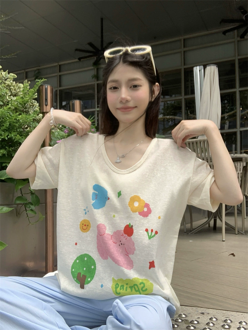 Летняя хлопковая футболка 2025 года с тонким принтом снежинок, свободный крой, U-образный вырез, короткий рукав, корейский стиль, молодежный, омолаживающий принт, свободный топ