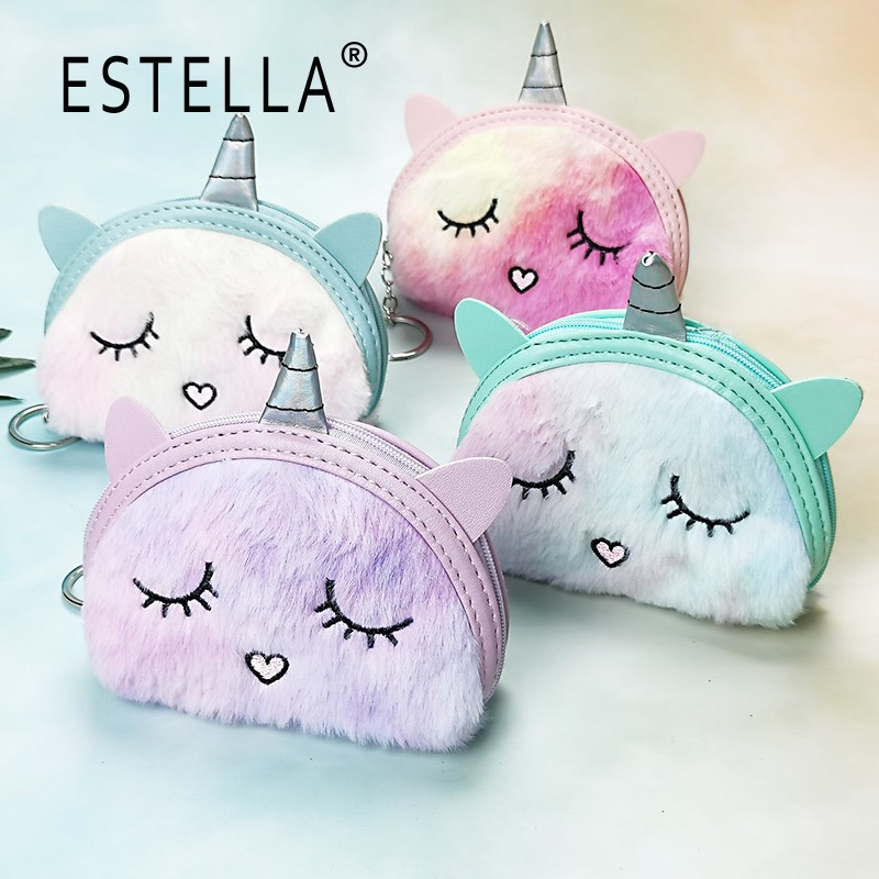 ESTELLA卡通半圆零钱包独角兽绣萌萌眯眼扎染毛绒迷你撞色设计