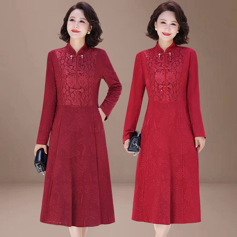 Autumn Dress for Middle-Aged and Elderly Mothers, Buttoned Mid-Length Improved Cheongsam Dress, Jacquard Banquet Dress for Mother-In-Law