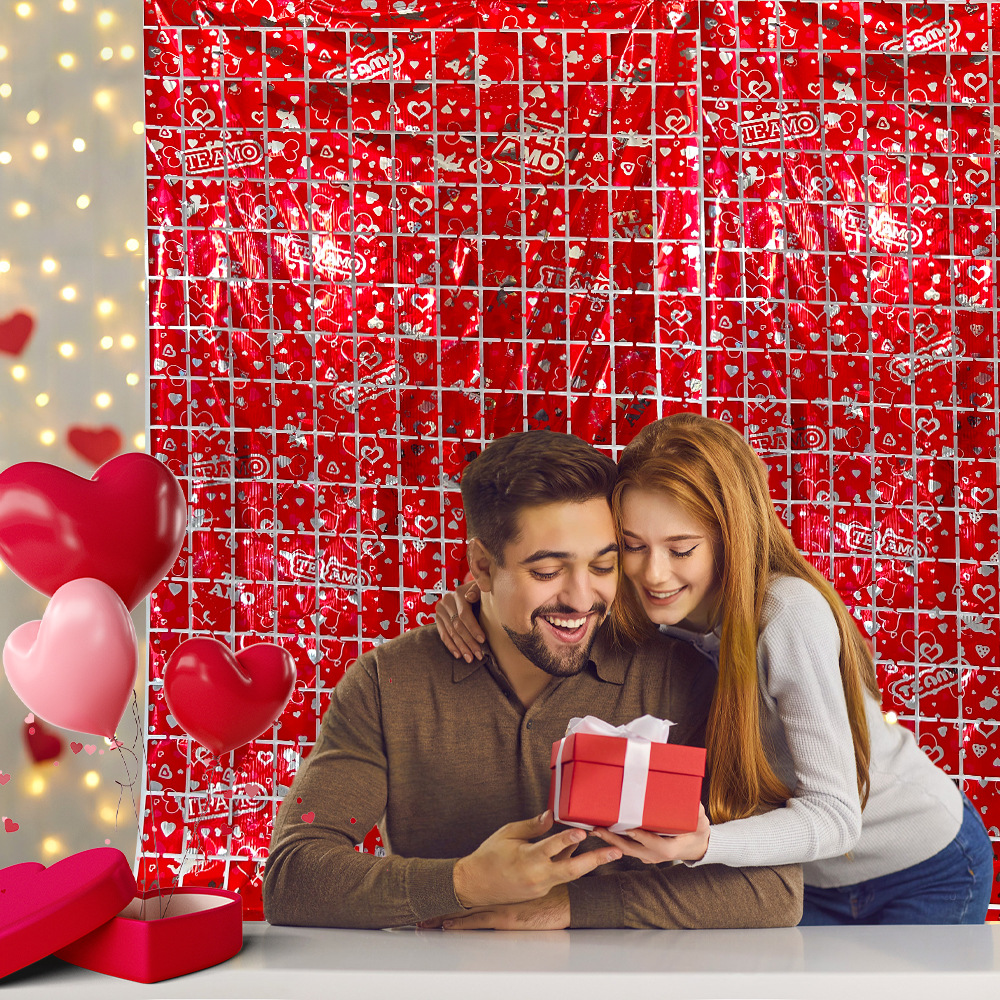 Amazon Día de San Valentín decoración amor cuadrado cortina cortina de seda lluvia decoración de boda fiesta de cumpleaños props de fondo