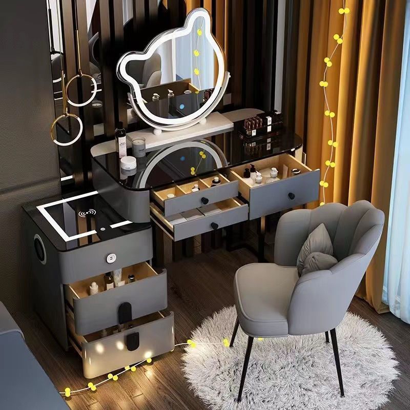 라운드 그레이 및 블랙 83cm 테이블 + 스마트 캐비닛 + 곰 거울 + 꽃잎 의자