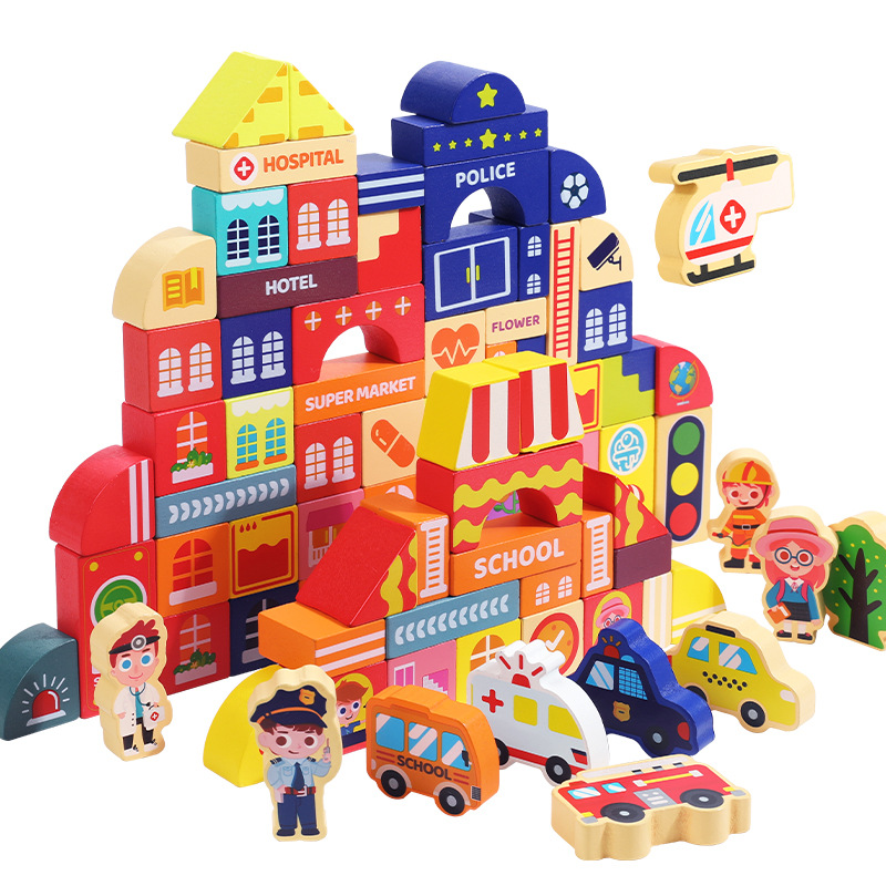 Educación temprana rompecabezas de madera de la ciudad de la calle 100 gránulos grandes niños mini castillo construcción de juguetes