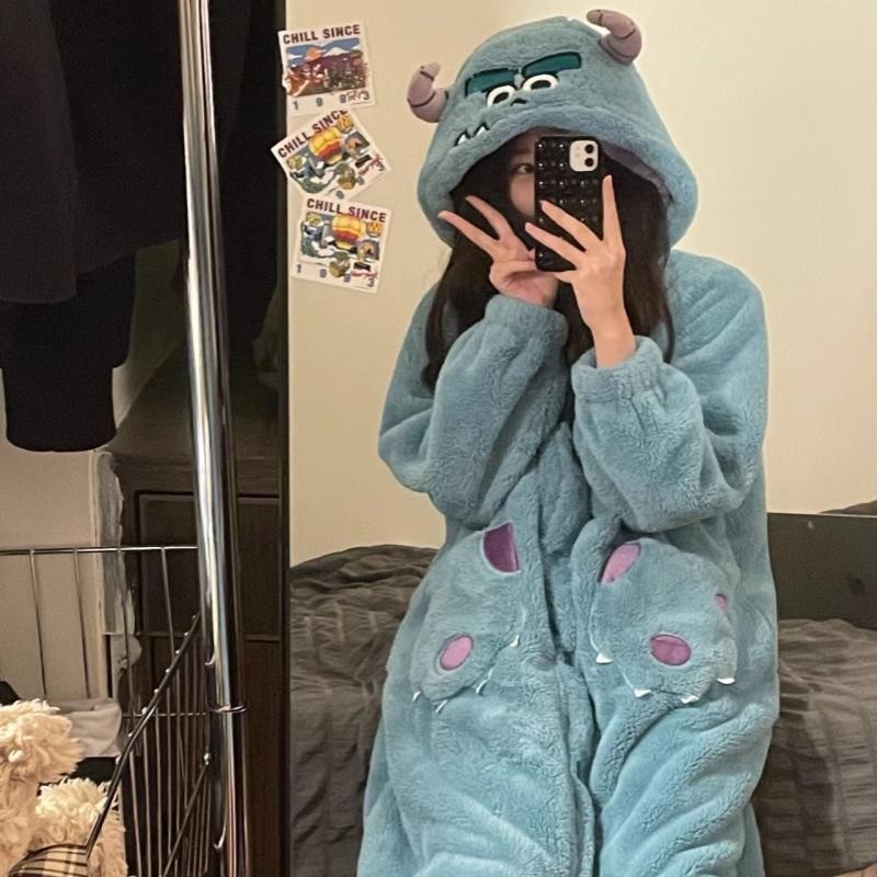 小さな黄色い鶏のワンピースパジャマ、秋冬用コーラルベルベット、面白い女の子向け漫画パジャマ、ホームウェア、屋外で着用可能、カップル向け|undefined