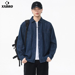 xxbro男装#秋冬款潮流复古蓝色衬衫通勤百搭汉麻休闲宽松工装外套