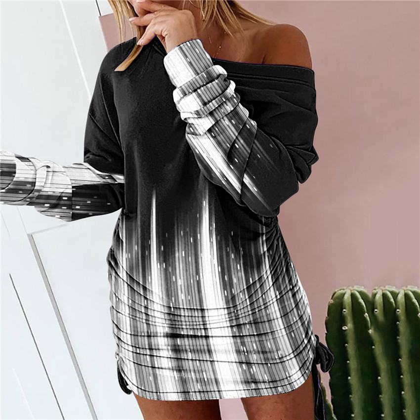 Casual Drawstring Pleated Print Long-Sleeved Dress NSYHY107480