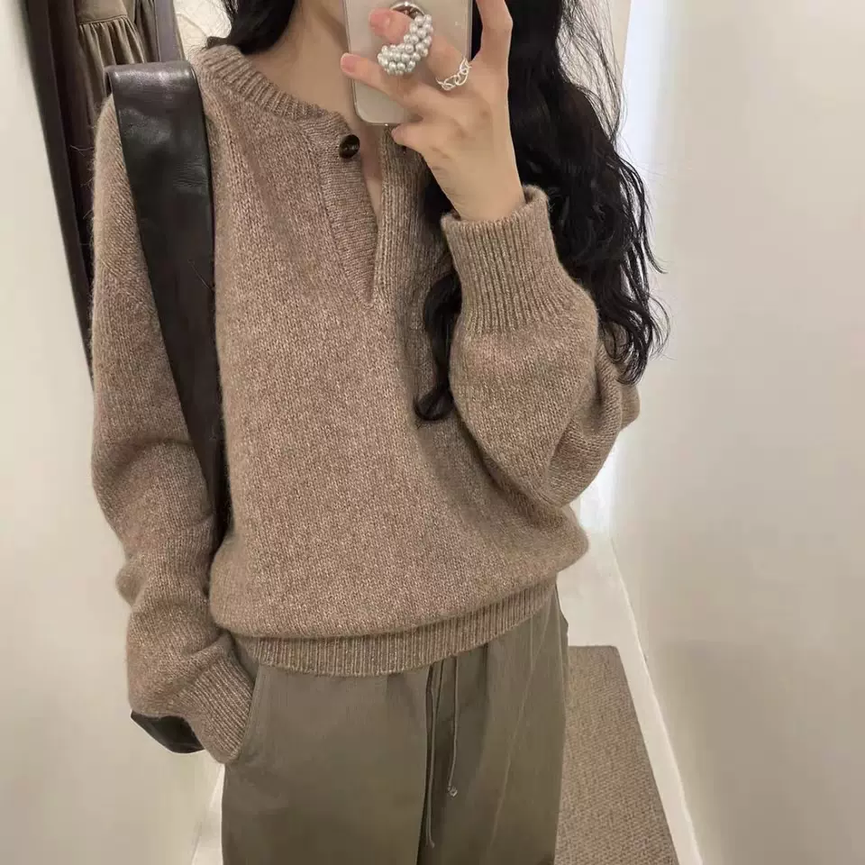 现货2025秋季新韩国东大门m*ia气质设计感简约亨利领长袖针织毛衣