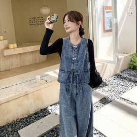 牛仔套装2026秋季新款女装时尚马甲上衣针织衫牛仔三件套BX6075