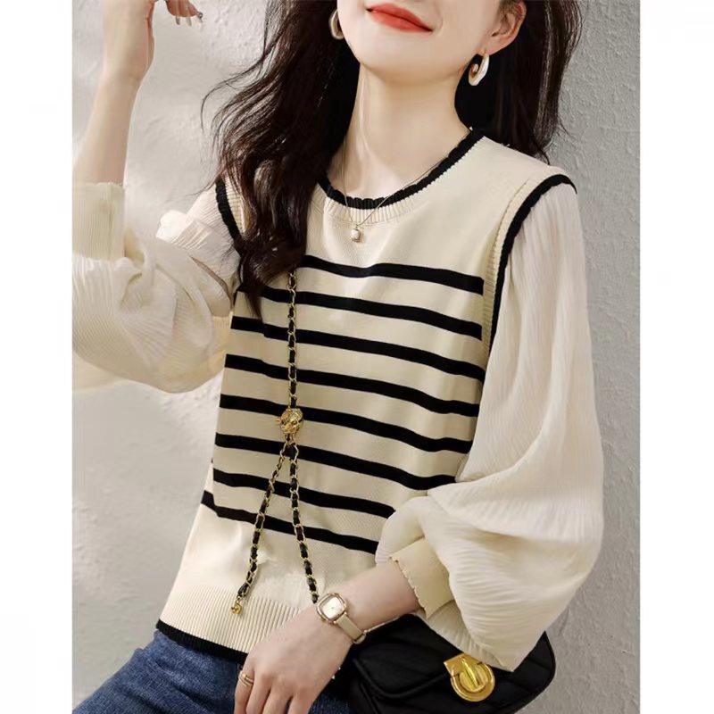 Patchwork lace collar sweater spring new striped lantern sleeve top commuter versatile women's sweater Patchwork lace collar sweater spring new striped lantern sleeve top commuter versatile women's sweater