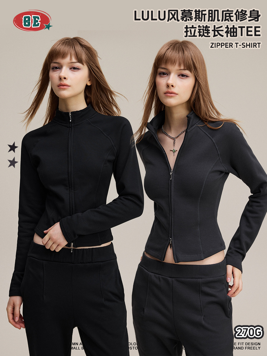 Ropa de mujer BE | Cárdigan de Manga Larga para Mujer, Estilo Europeo y Americano, Retro, Cuello Alto, Cierre de Cremallera, Estilo Lulu, Textura Mousse, Entallado, Otoño 2025 image 3