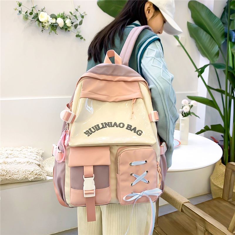 韩版ins风撞色小清新校园书包女 日系原宿高中学生双肩包少女背包