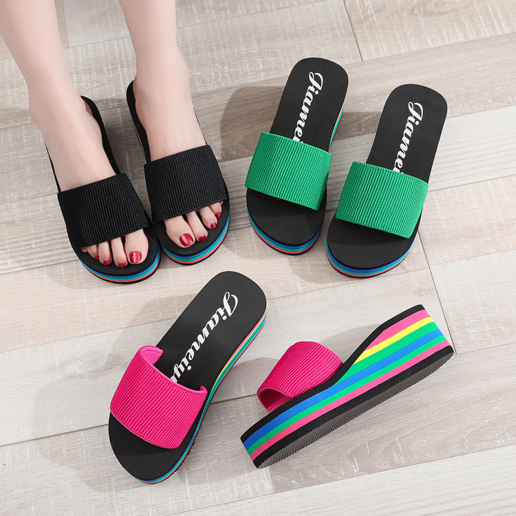 fashionable rainbow solid color casual trend slippers wedge heel