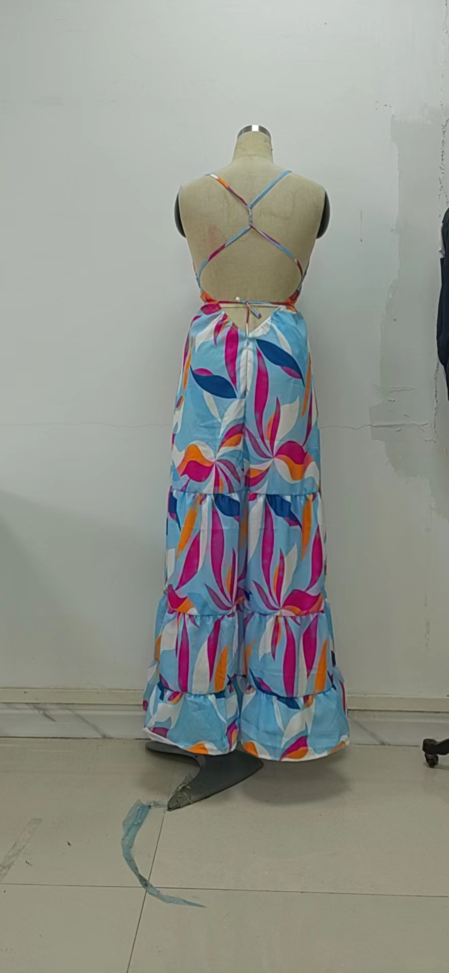 Summer Slimming Printed Dress Cinched Mid Length Dress Office Backless Slip Dress