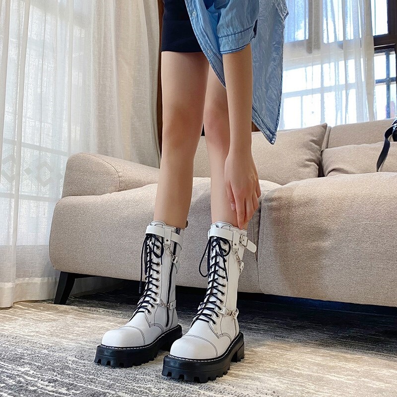 2025 New Genuine Leather Martin Boots Women's British Style Thick Sole Heightening Motorcycle Handsome Couple Wear Side Zipper Mid-Calf Boots