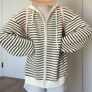 杏色抽绳连帽条纹针织开衫女秋季韩版宽松百搭上衣外套