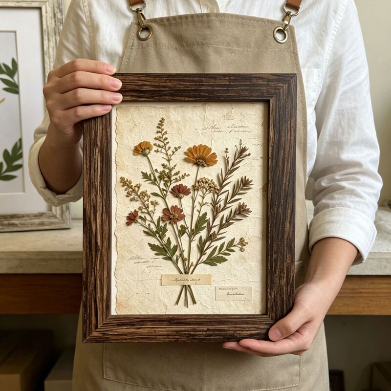 Vintage wood grain embossed dry flower specimen frame with acrylic dustproof cover, hand-mounted tabletop ornament, wall-mounted display frame