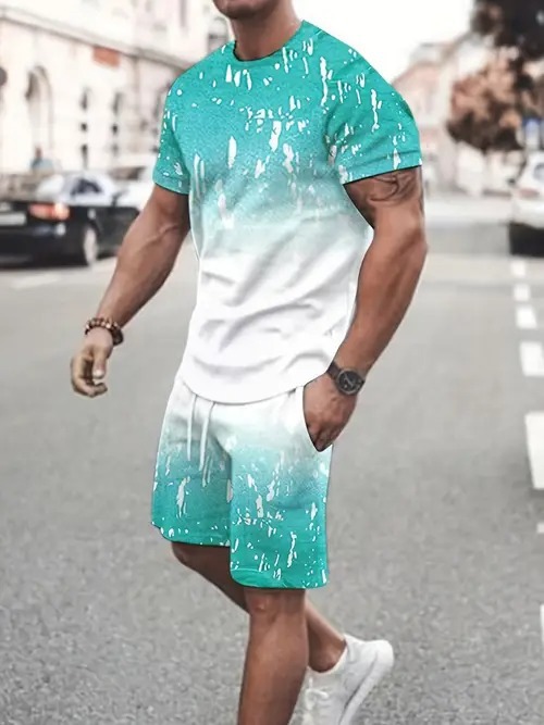 Cross-border 2025 nuevo estilo Amazon europeo y americano degradado de color manga corta cuello redondo camiseta pantalones cortos traje ME5 MA04