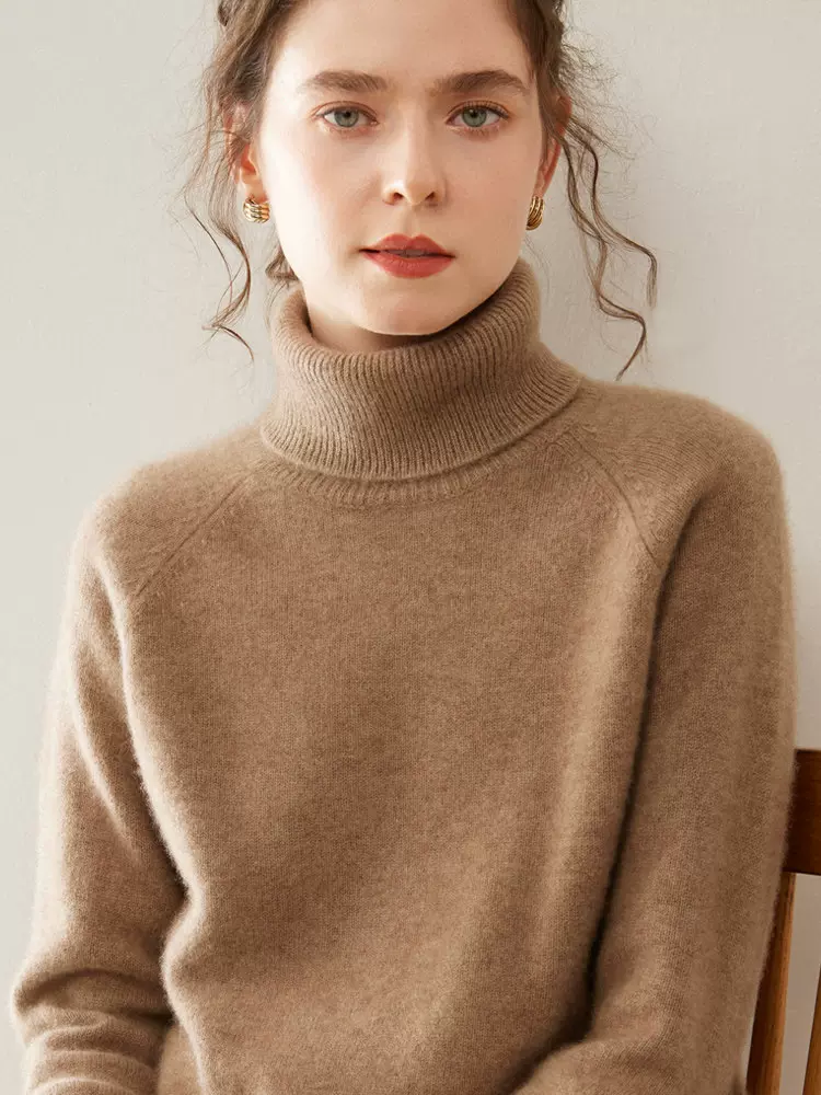 2024新款冬季纯山羊绒衫女高领插肩长袖宽松加厚保暖针织套头毛衣