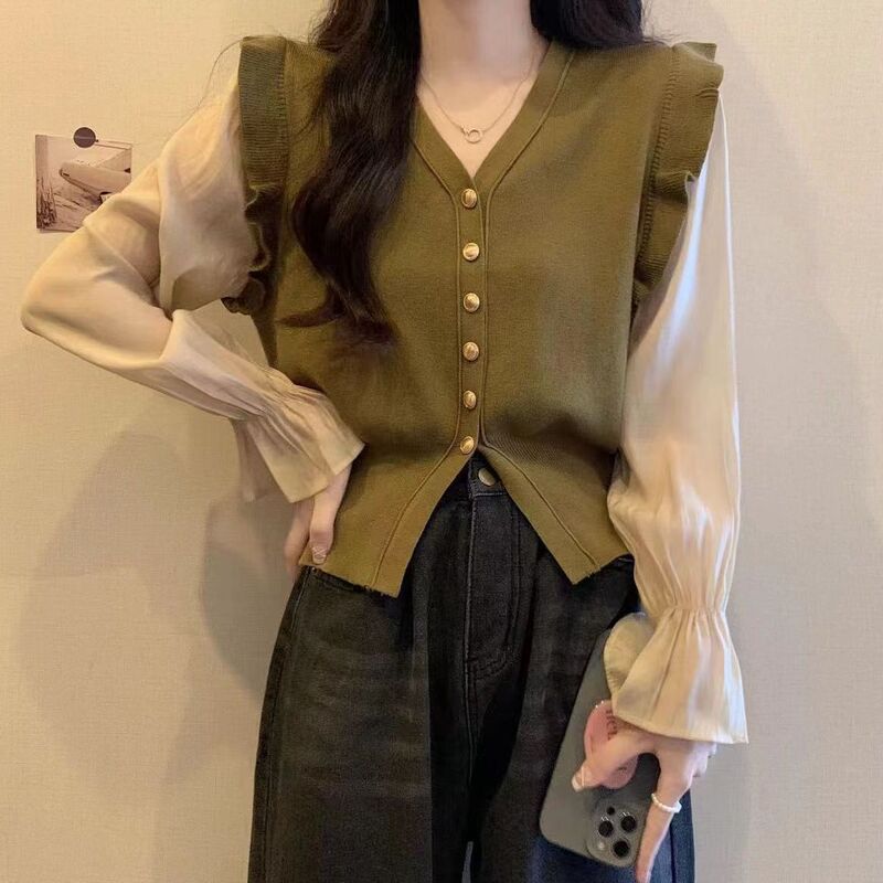 胖MM大码秋冬荷叶边V领针织衬衣开衫拼接泡泡袖假两件长袖女上衣|undefined