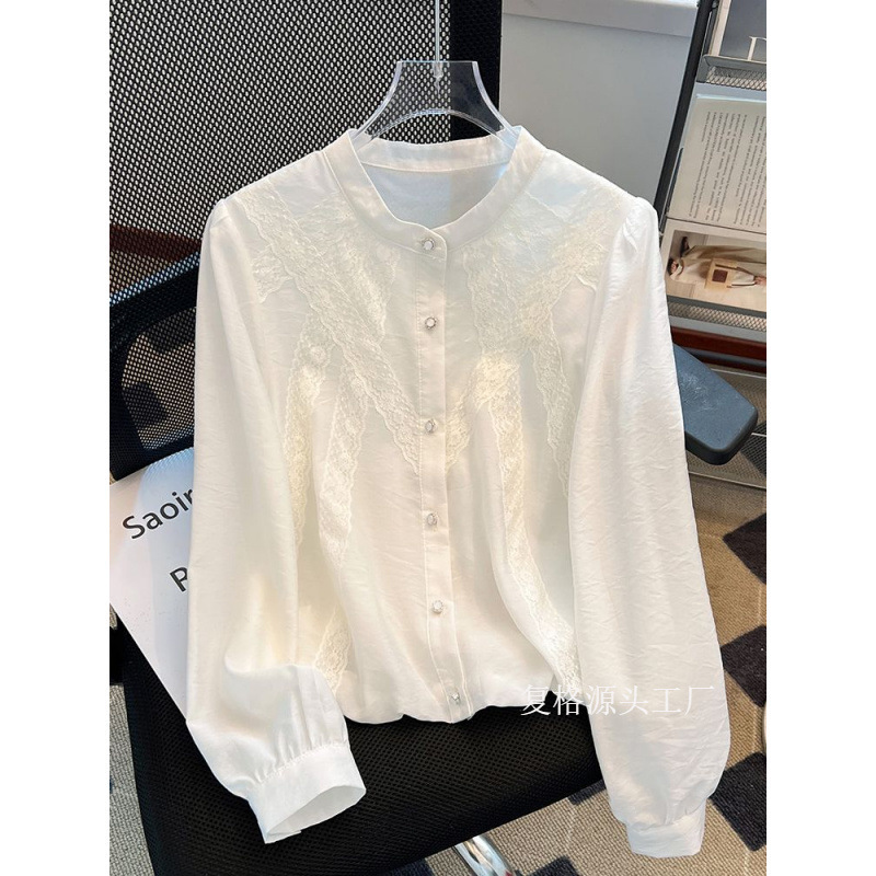 French White Shirt for Women, High-End Spring New Style, Super Nice Lace Long-Sleeved Beautiful Shirt Top