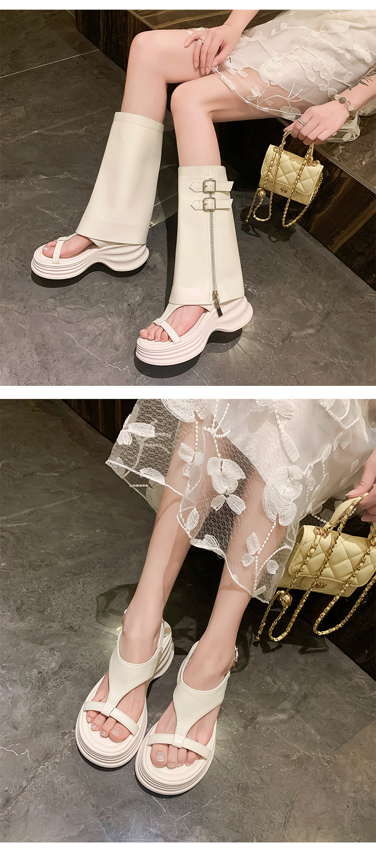 Sandal cao gót nữ hở mũi phong cách biker, đế dày 8cm, kiểu ống bọc La Mã — đen, Màu trắng nhạt chi tiết 12