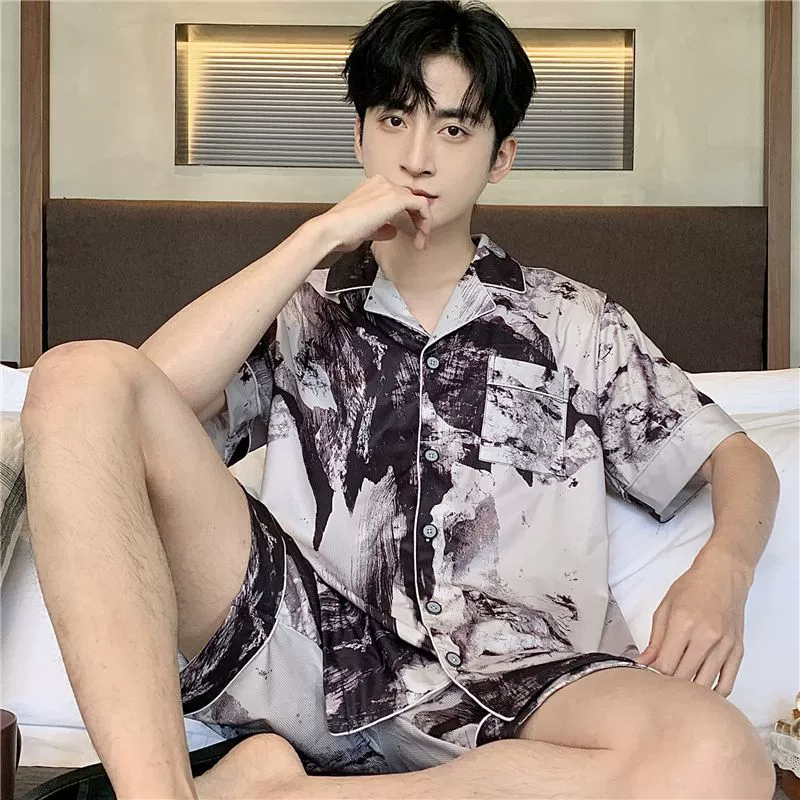 Пижамы из ледяного шелка, мужские летние шорты с короткими рукавами, тонкие свободные крутые повседневные комплекты домашней одежды больших размеров в китайском стиле