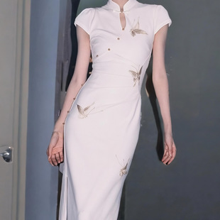 9067 # New Chinese Style Butterfly Embroidery Hollow Improved Cheongsam Women's Summer National Style White Cheongsam Collar Dress