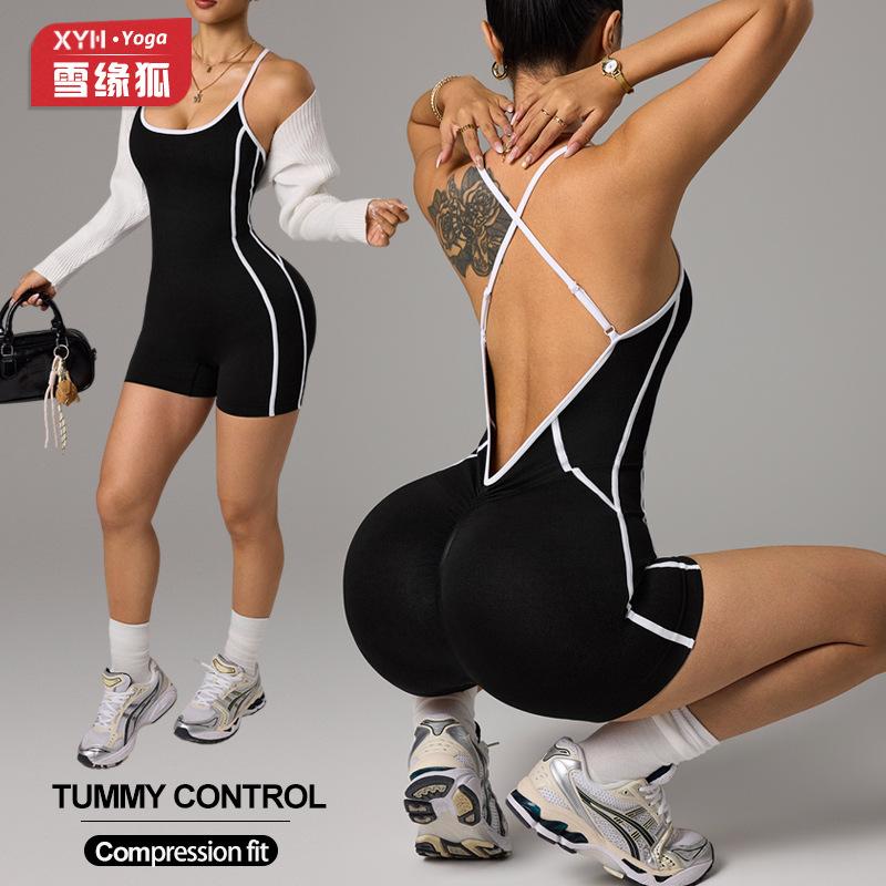 European and American Style Color-Blocking Cross-Back Deep V Sports Jumpsuit for Women, Tummy Control, Butt-Lifting, Tight-Fitting Outdoor Fitness Bodysuit