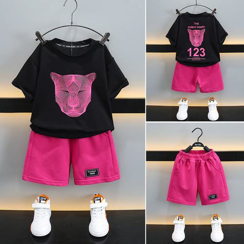 Boys summer cartoon printed T-shirt five-piece pants two-piece set 2023 new style handsome casual suit for small and medium-sized children