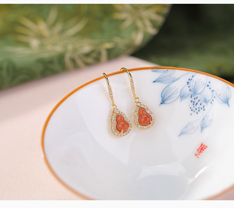 Bông tai bạc S925 đính đá ngọc Hetian Jasper hình bầu lá tre siêu lấp lánh — Phong cách nước đỏ chi tiết 4
