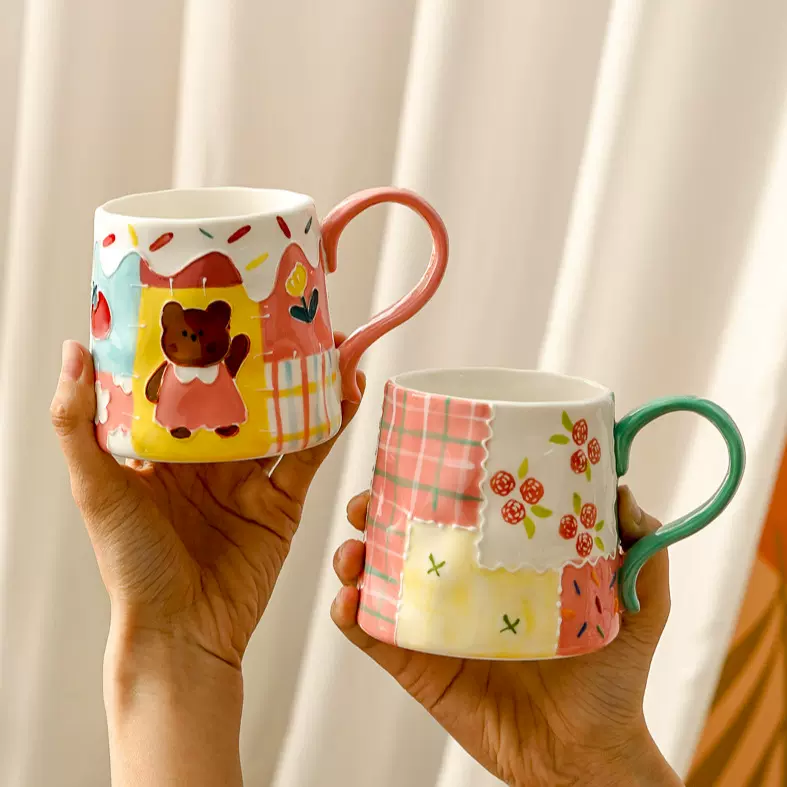ins风 釉下彩马克杯早餐女生小众设计感时尚复古陶瓷可爱喝水杯子